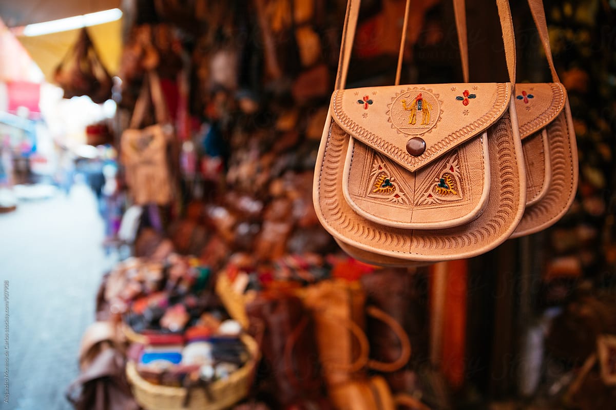 Leather handbags at Moroccan souk - market