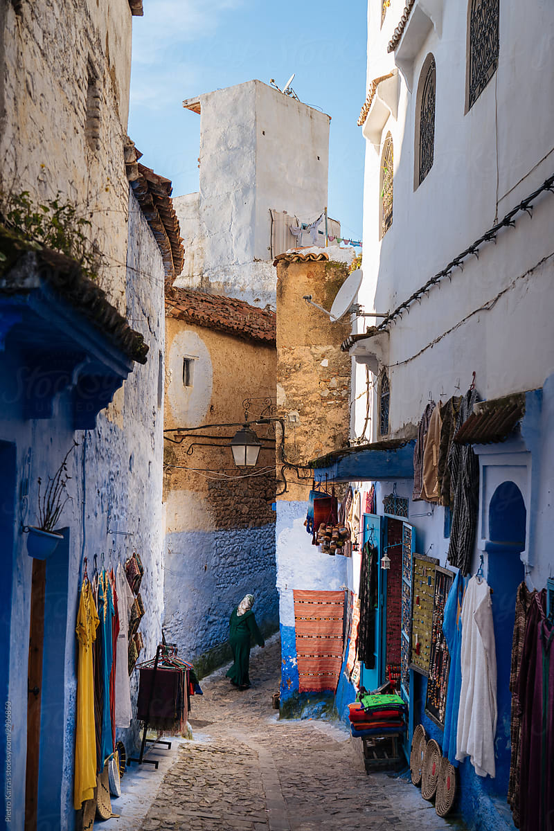 Scenic narrow authentic moroccan street on sunny day