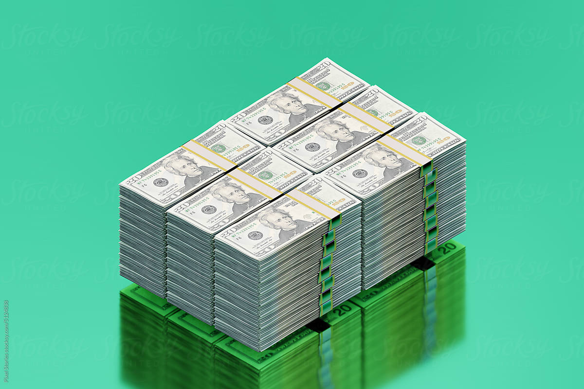 20 US dollars money stack on green background