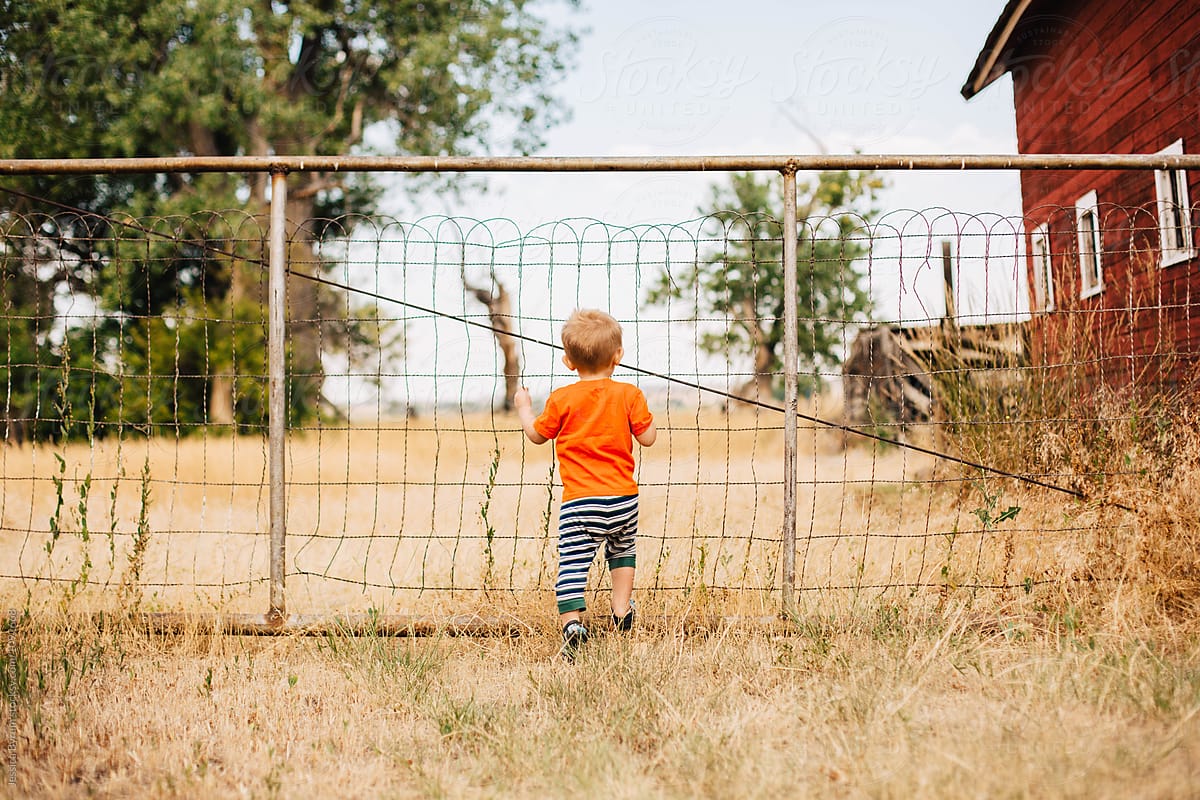 Blonde toddler boy in pajamas standing at a gate on a farm.