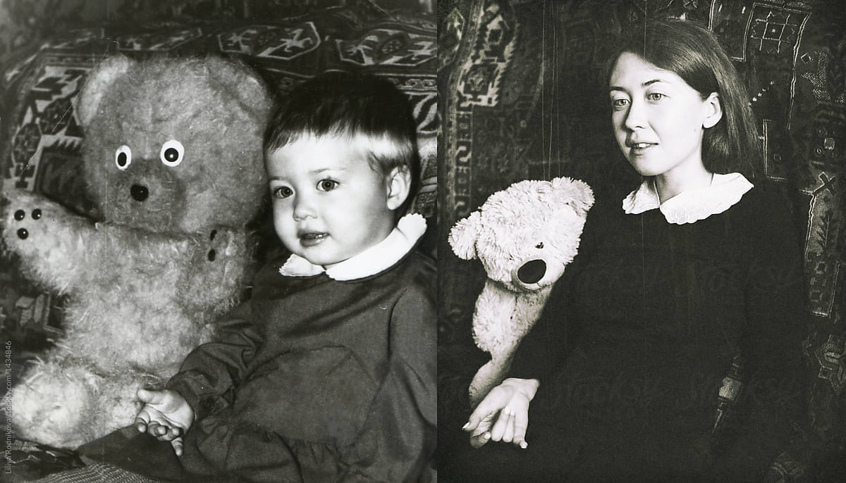 Monochrome recreation of old photo of girl with teddy bear