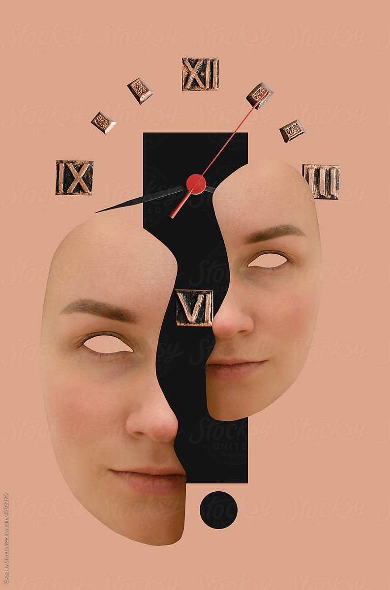 Collage with female head and clock face