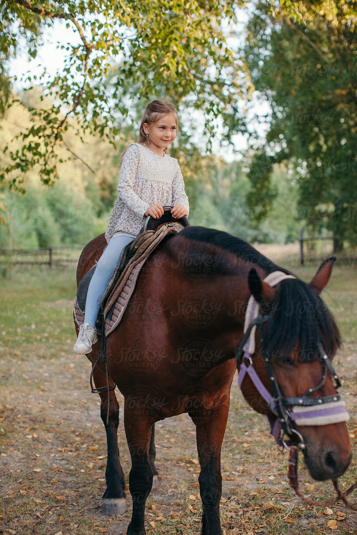 Lovely little girl on the horse in the park