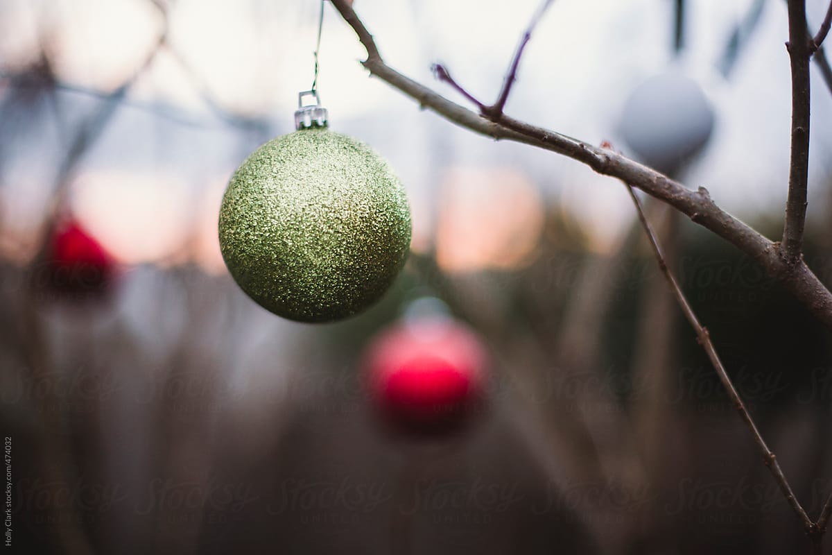 Closeup of a green Christmas ornament on branch outside