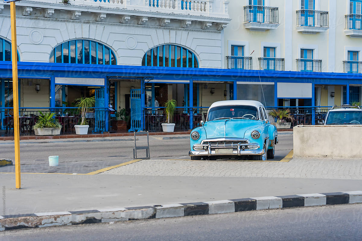 Vintage Blue Car Parked In La Havana.