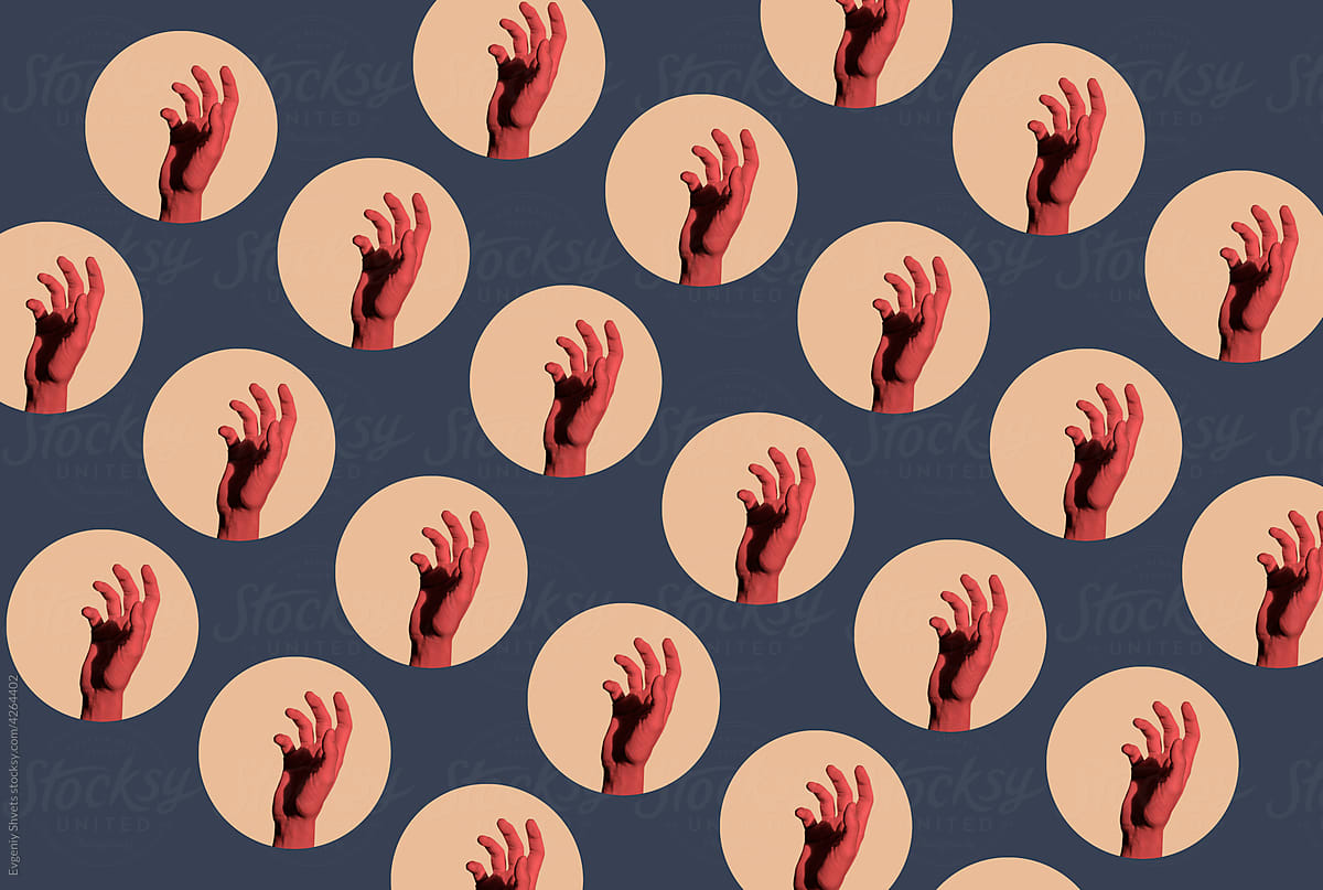 Collage with red female hands in yellow circles