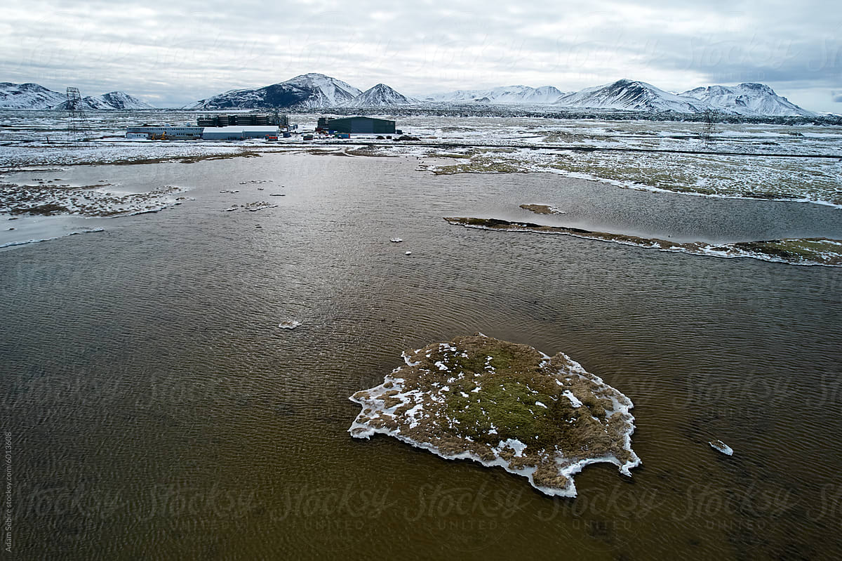 Mammoth carbon capture facility in Hellisheidi landscape, Iceland