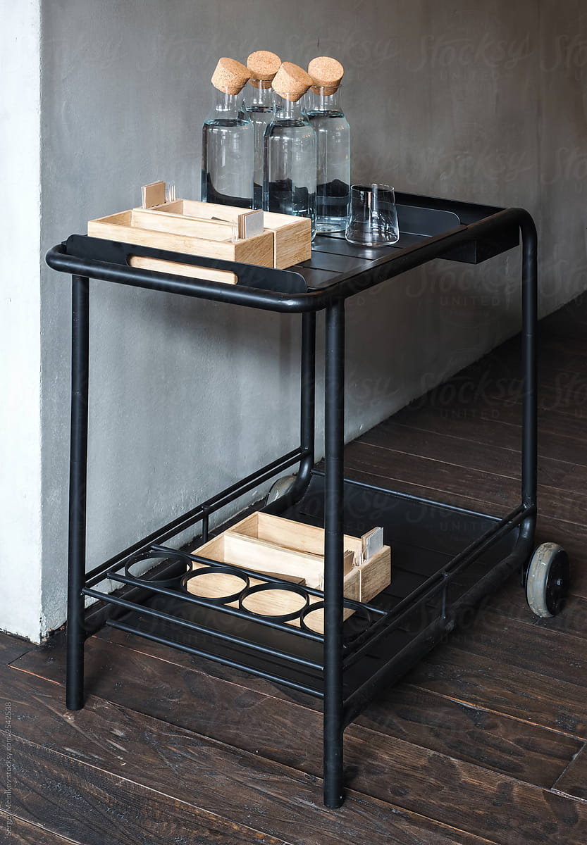 Service trolley with bottles and boxes