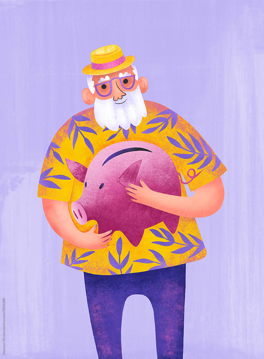 Character elderly man hugging a piggy bank with accumulated funds