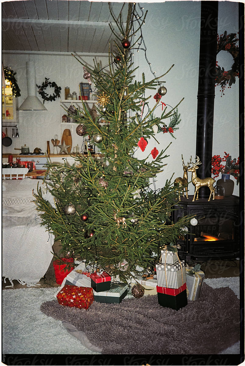 Decorated Christmas tree in living room, direct flash