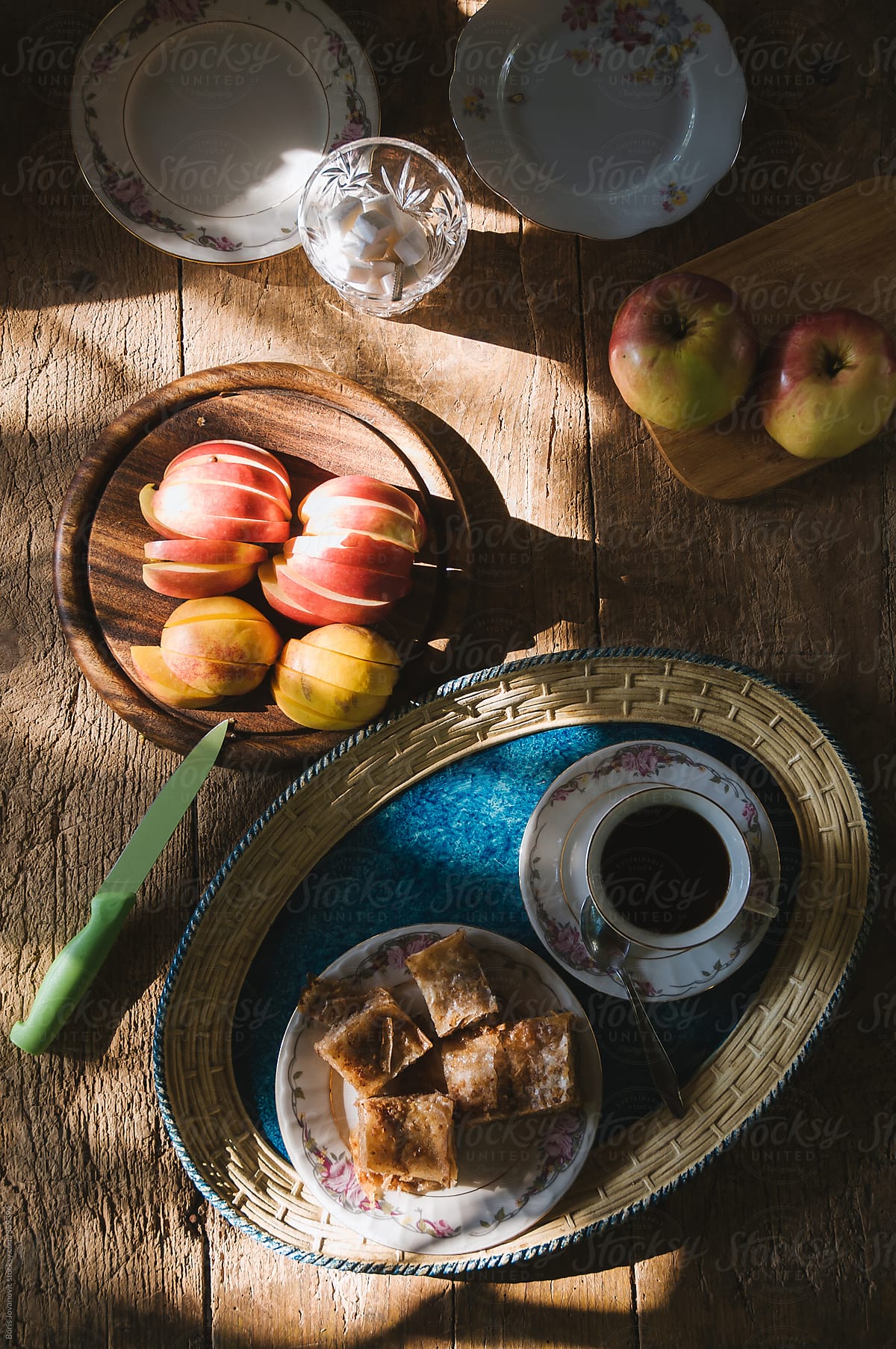 Fruits and sweets on wooden table