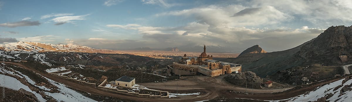 panorama of persian palace in mountain landscape, ishak pasha palace, dogubayazit, turkey
