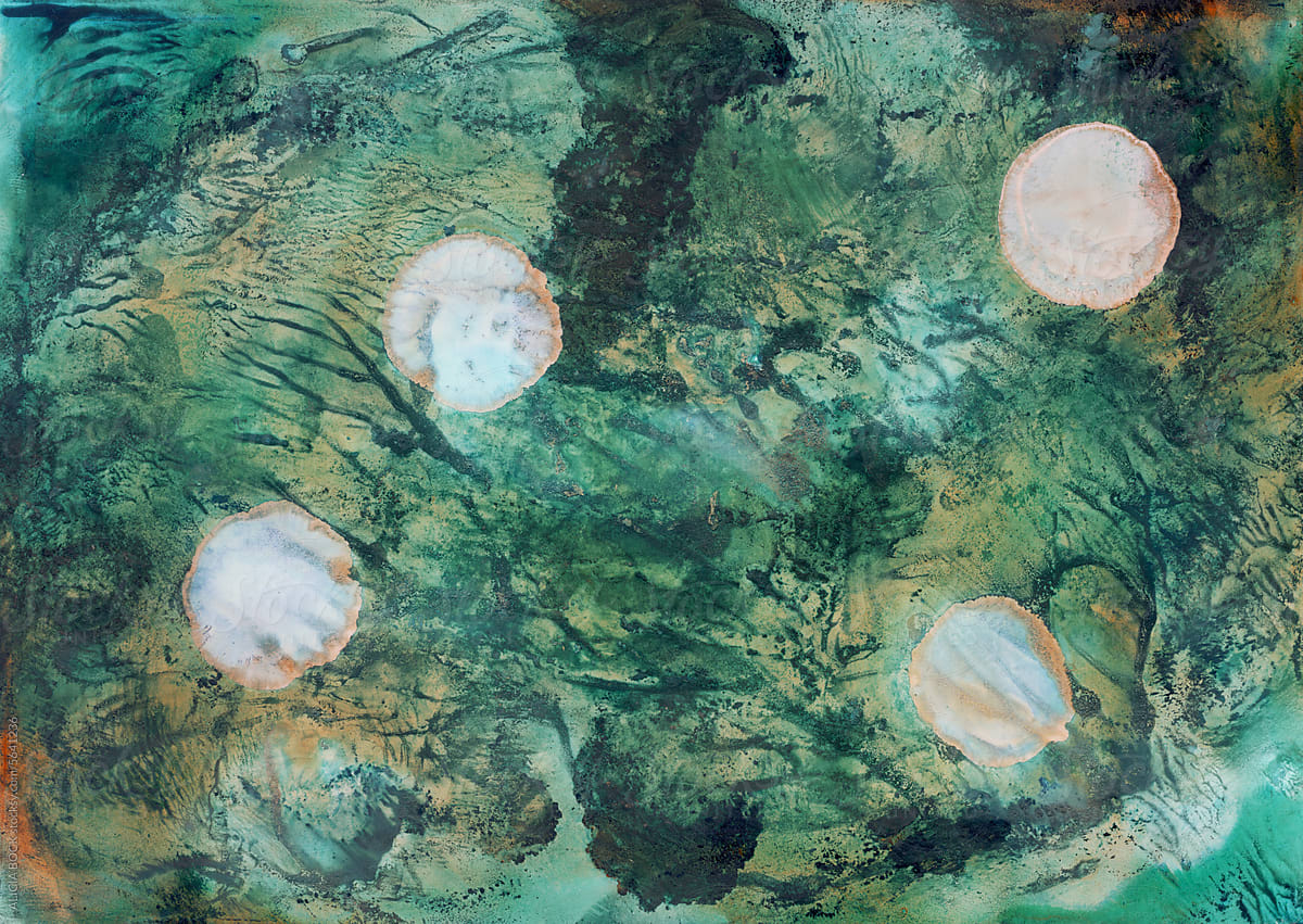 Layered Green Abstract Painting With White Circles