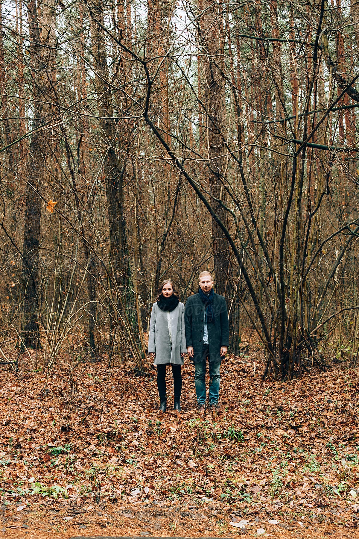 Young hipster couple posing in forest in autumn together