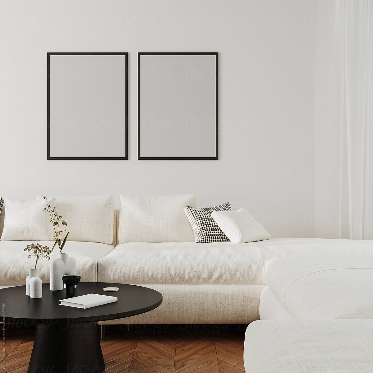 Two poster frames mock up above white sofa in modern interior