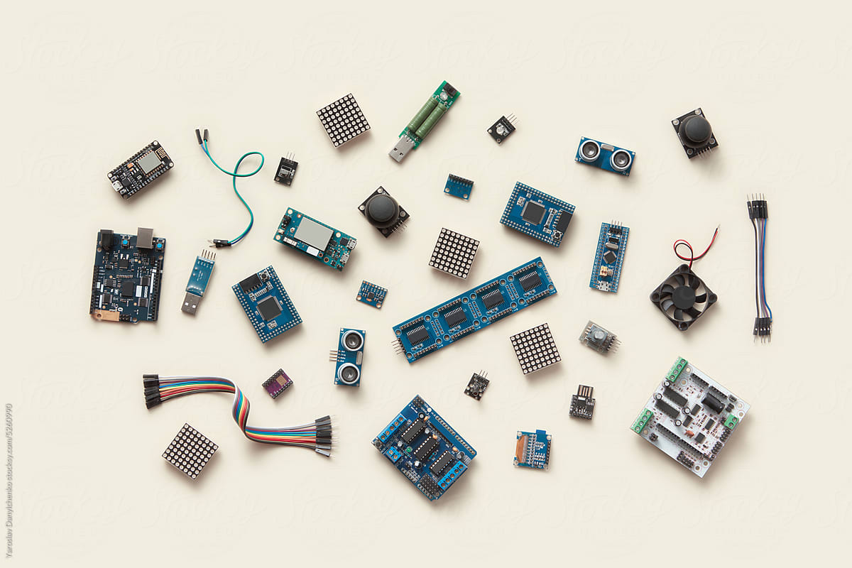 Various chips, wires and semiconductors.