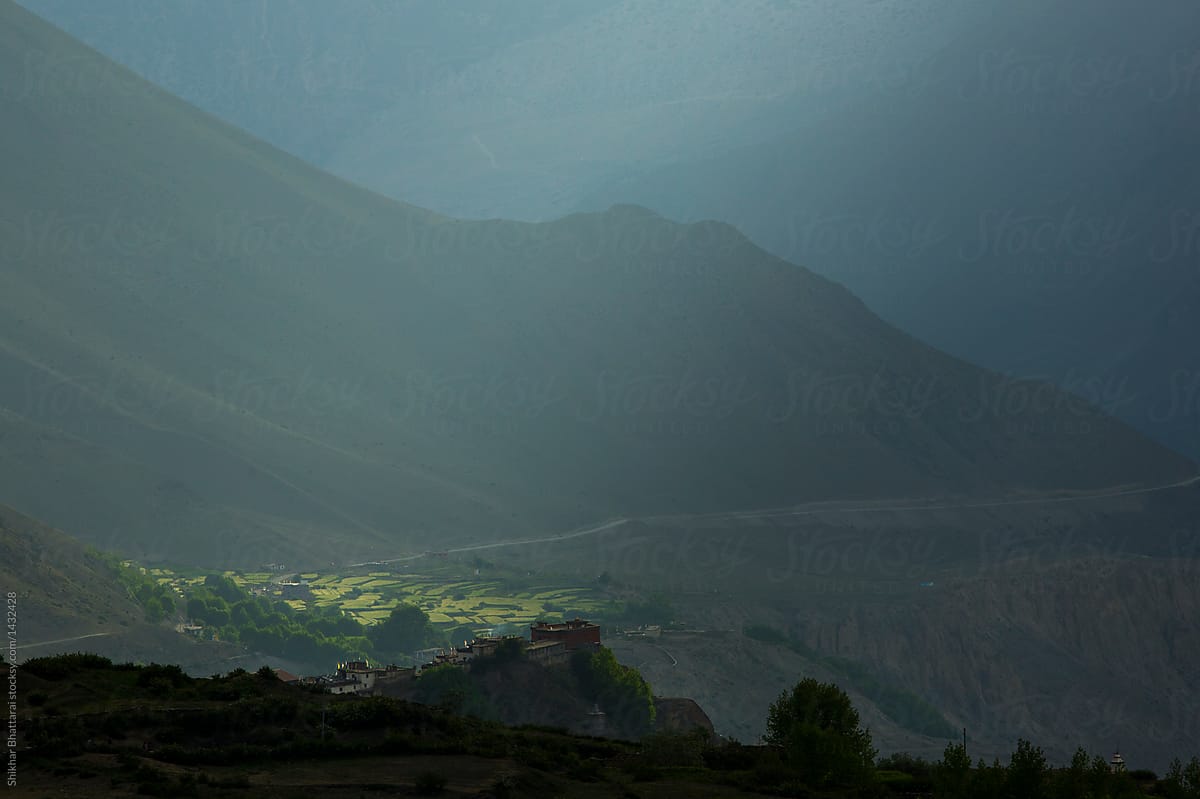Patch of light on a small village in Mustang, Nepal.