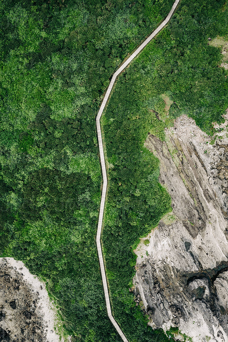 Aerial view of a step road on an island