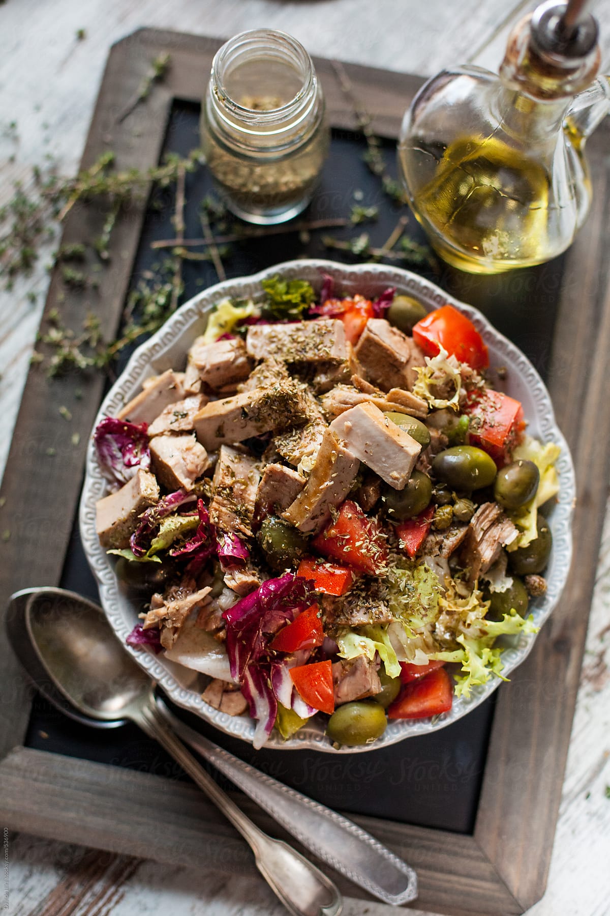 Mediterranean salad with tuna, olives and tomatoes