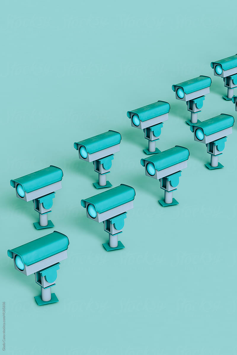 cctv Camera in a row on blue background with copy space