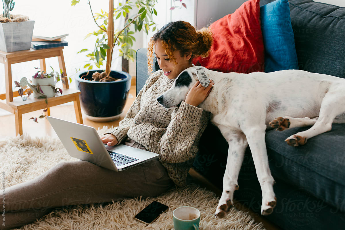 Girl caressing dog while working on computer from home