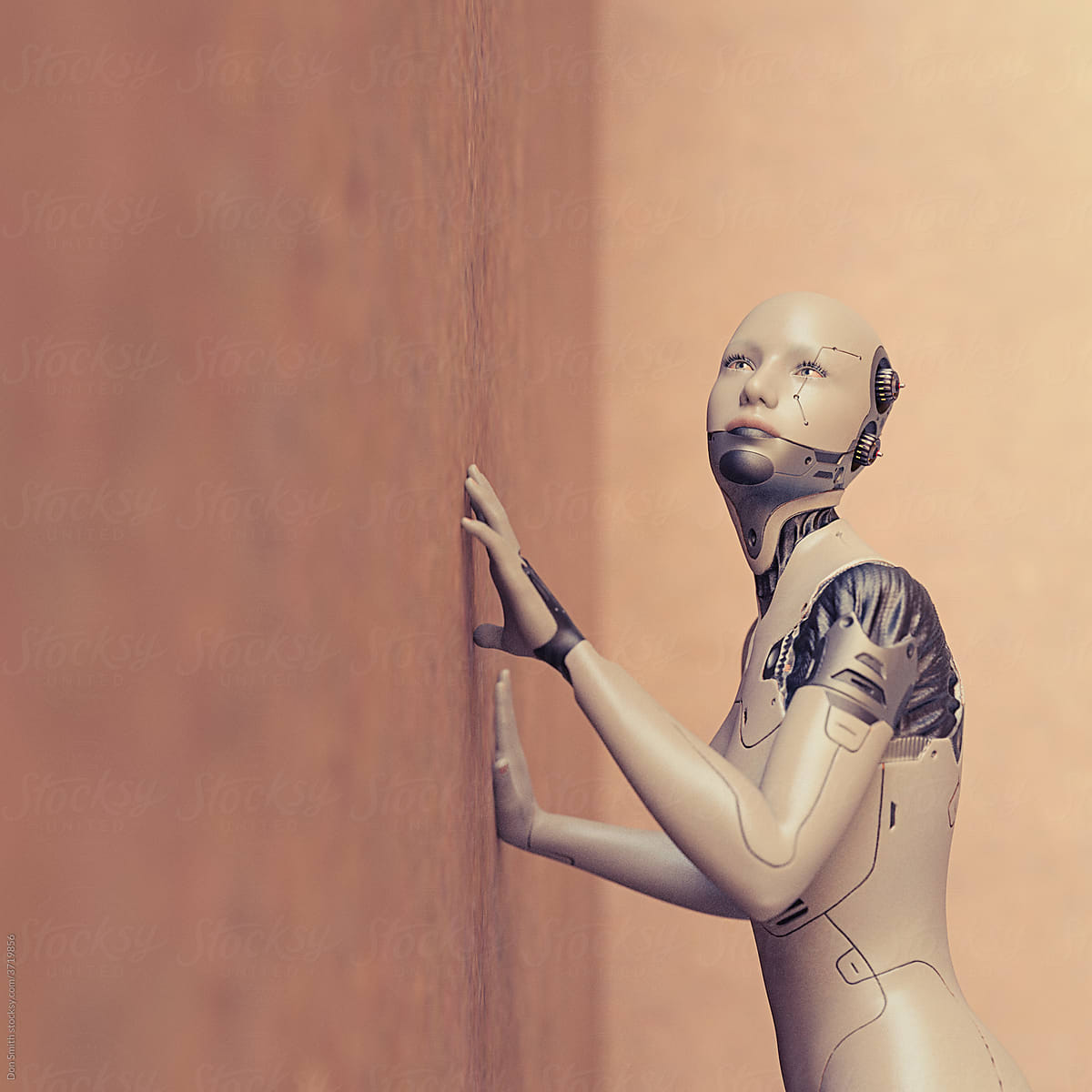 Futuristic female cyborg with hand on wall looking upwards in hope