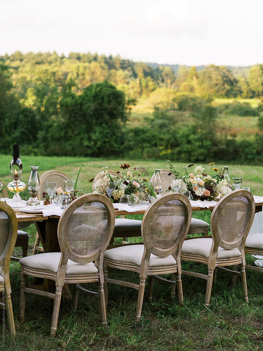 beautiful event table setting amid a green field with a view