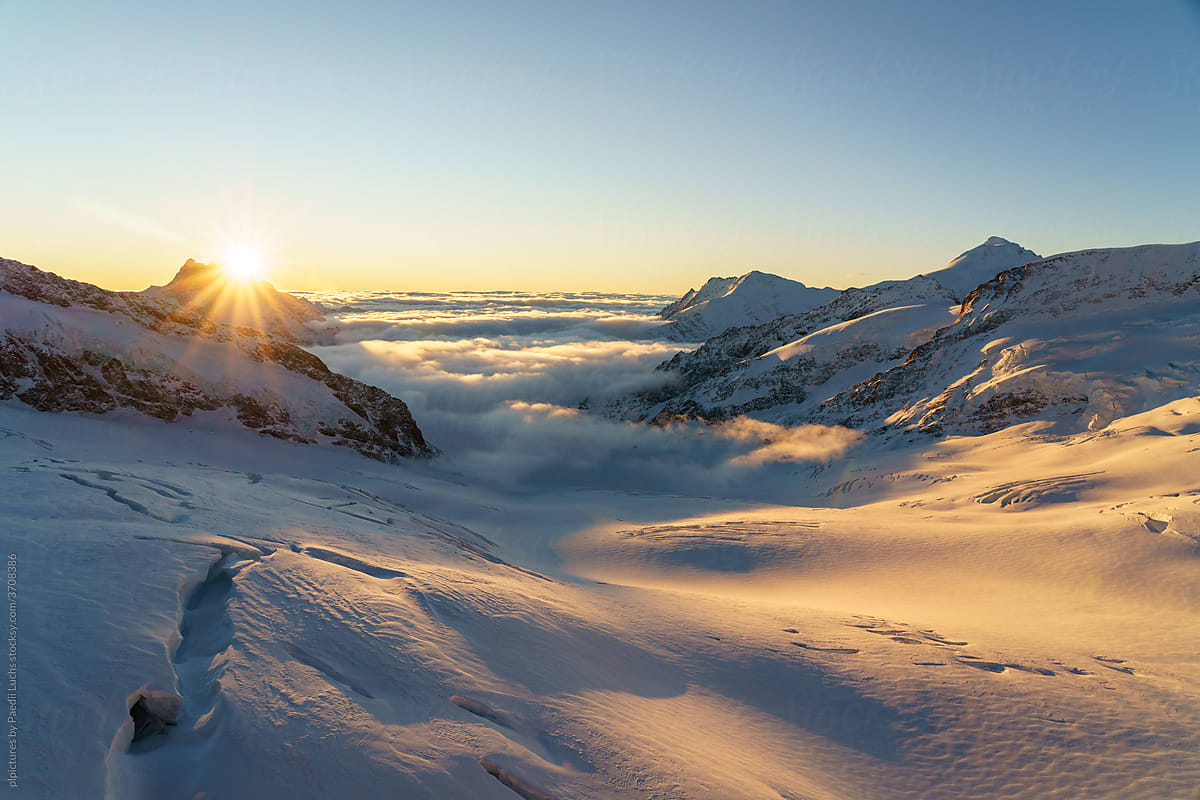 Sunrise over Aletsch glacier and pennine alps