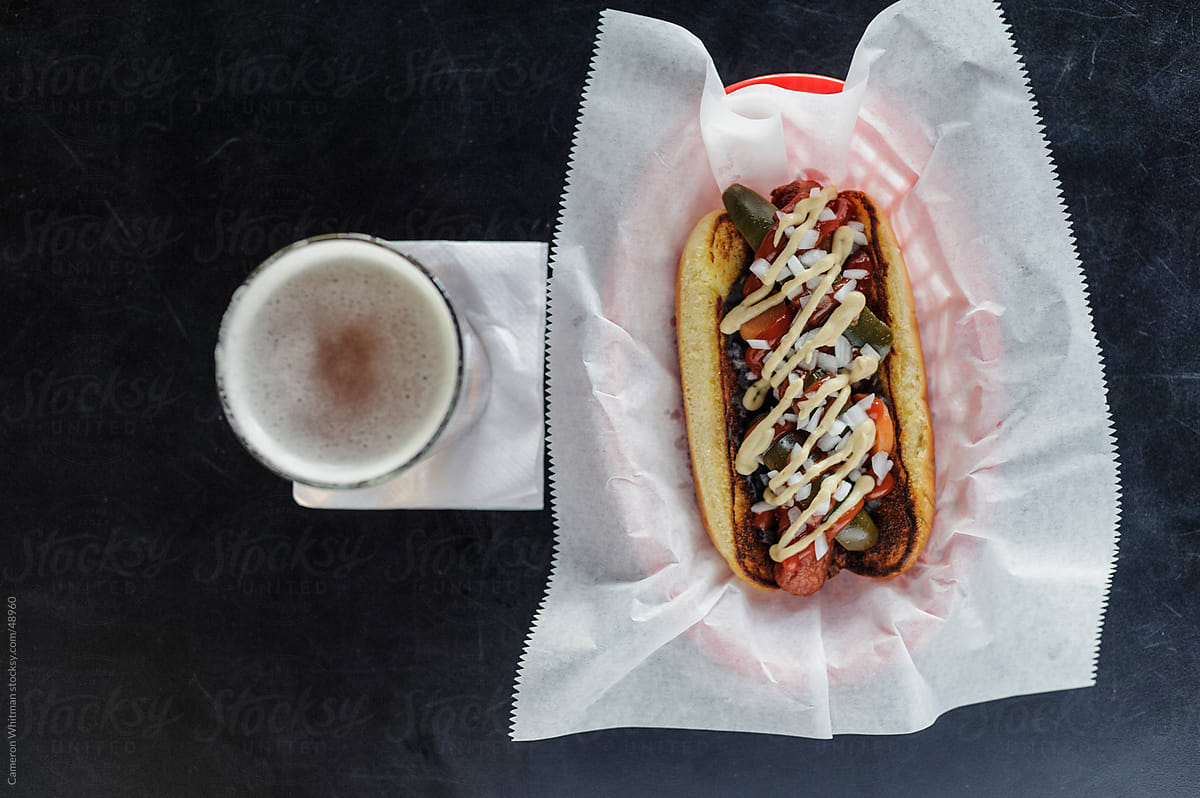 Bar Food: Hot Dog with grilled veggies and mustard sauce