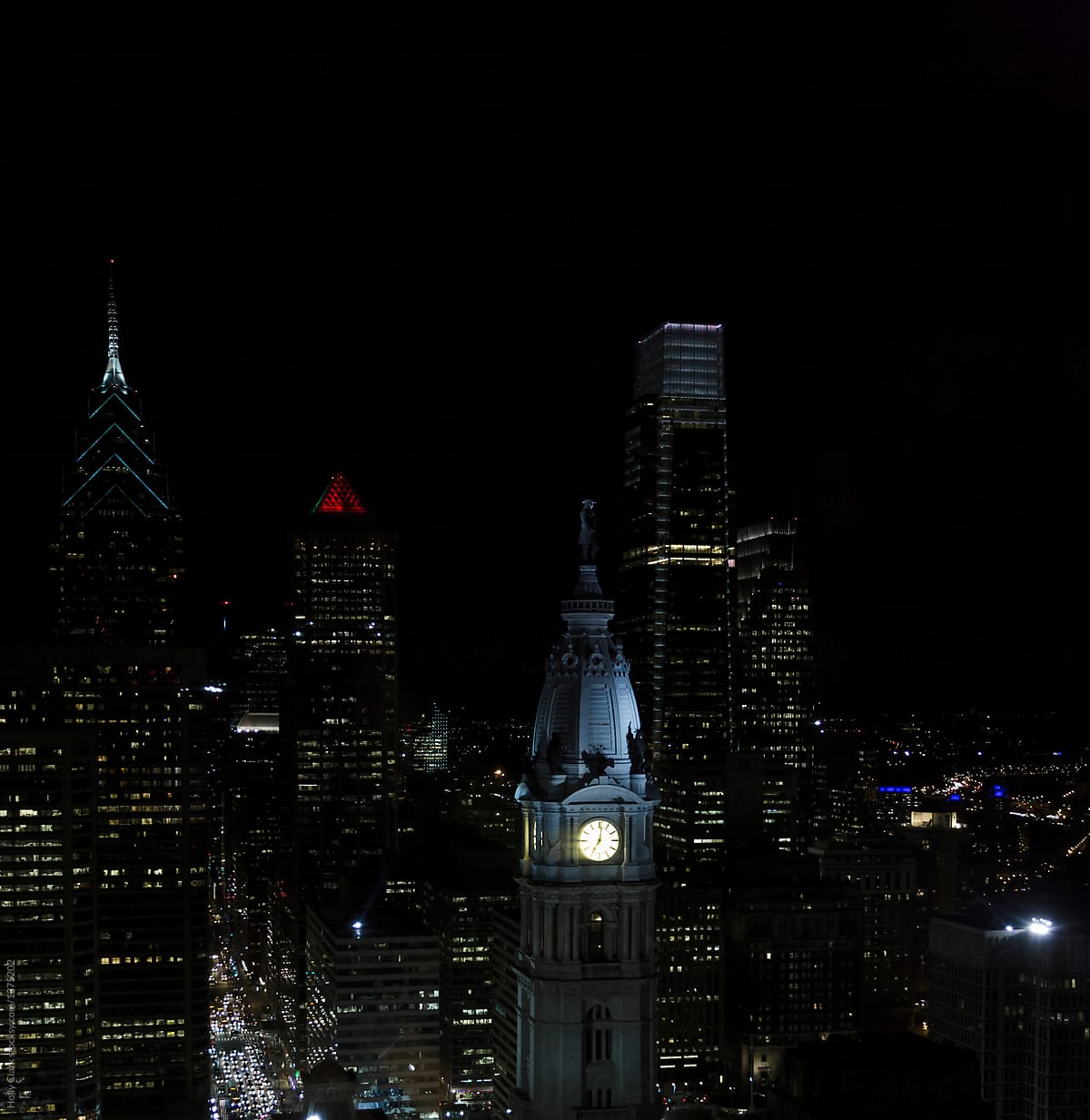 Night View of Philadelphia City Hall against a dark sky