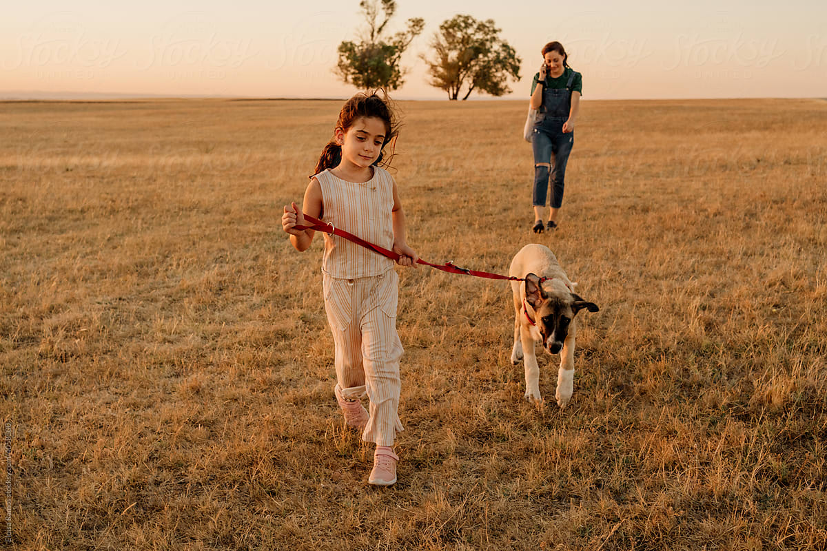Little girl walking her dog with leash at field