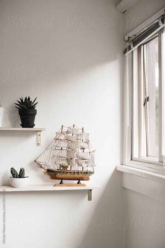 shelves in bright sun room with plants and model ship