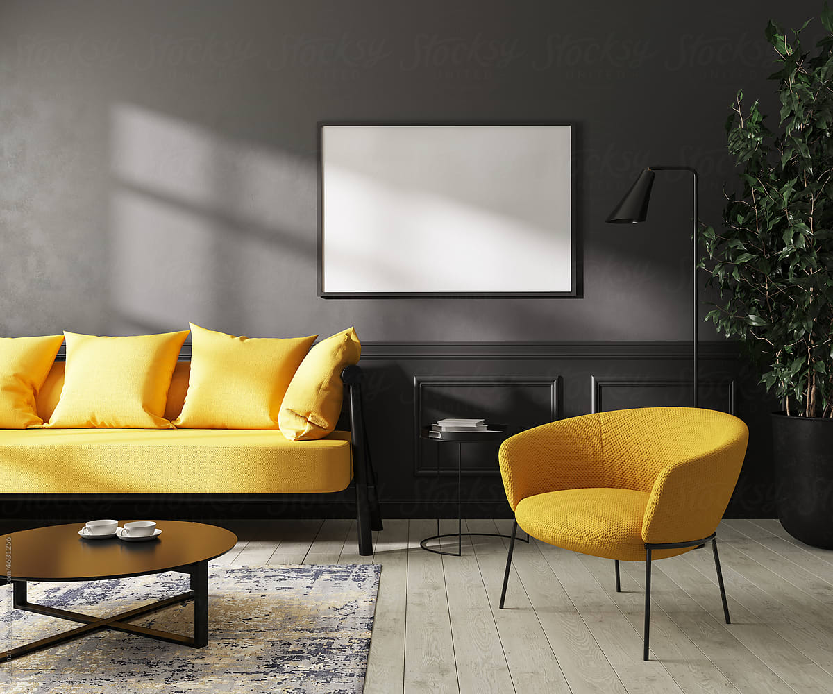 Blank frame mockup in  dark interior room with bright yellow furniture