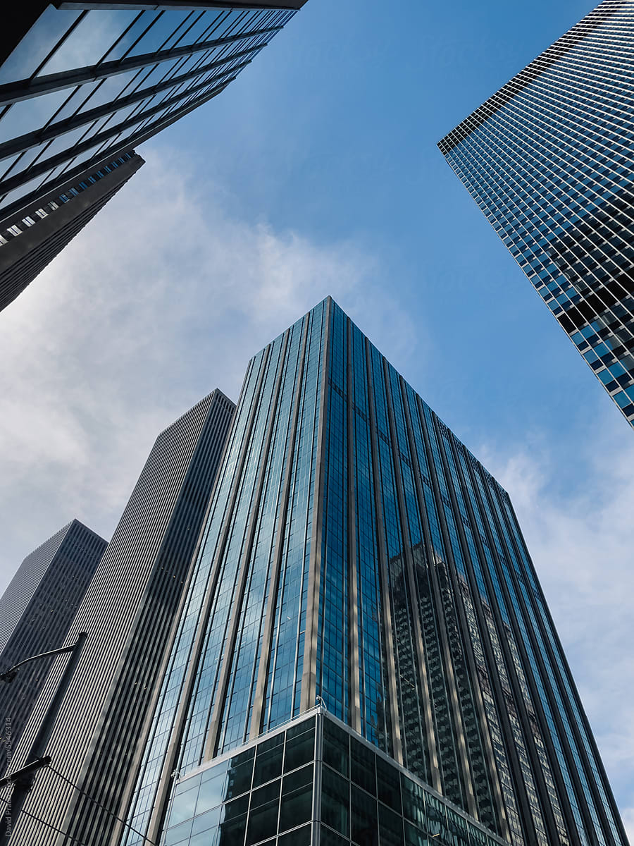 Exterior of multistoried skyscrapers with glass walls
