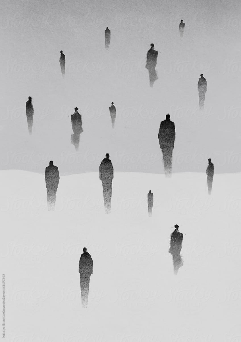 Fallen people silhouettes. Black and white concept.