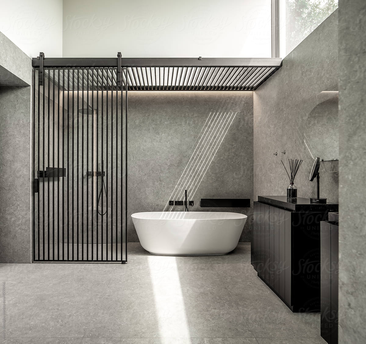 Interior of contemporary bathroom with tiled walls