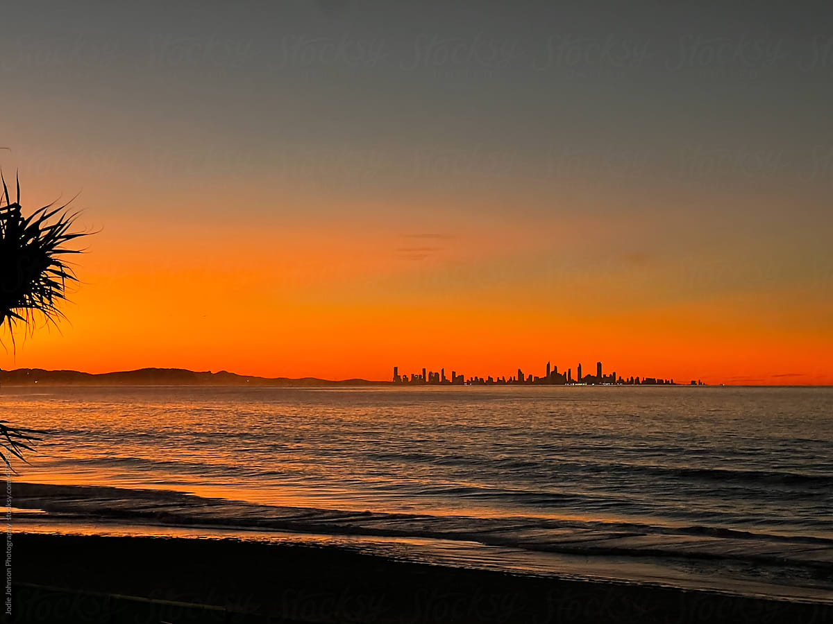Gold Coast city silhouette at sunset