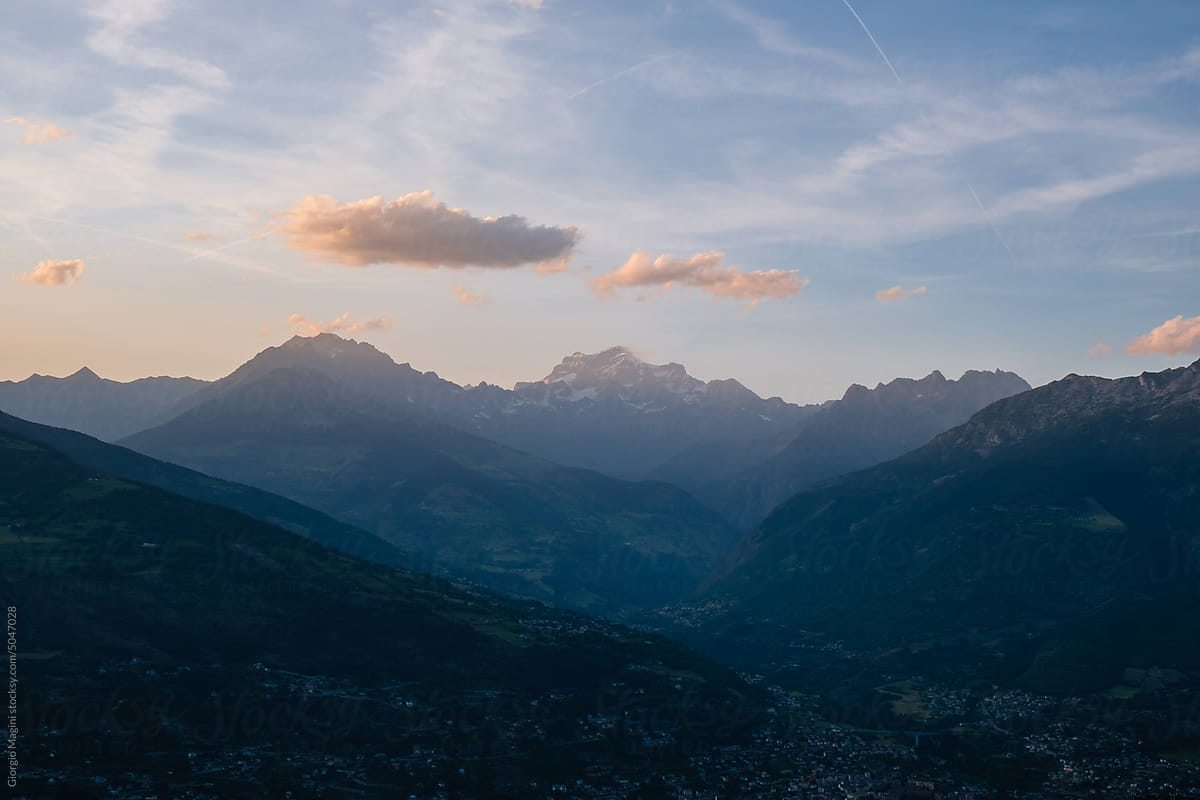 Landscape of the Aosta Valley in Italy at Sunset