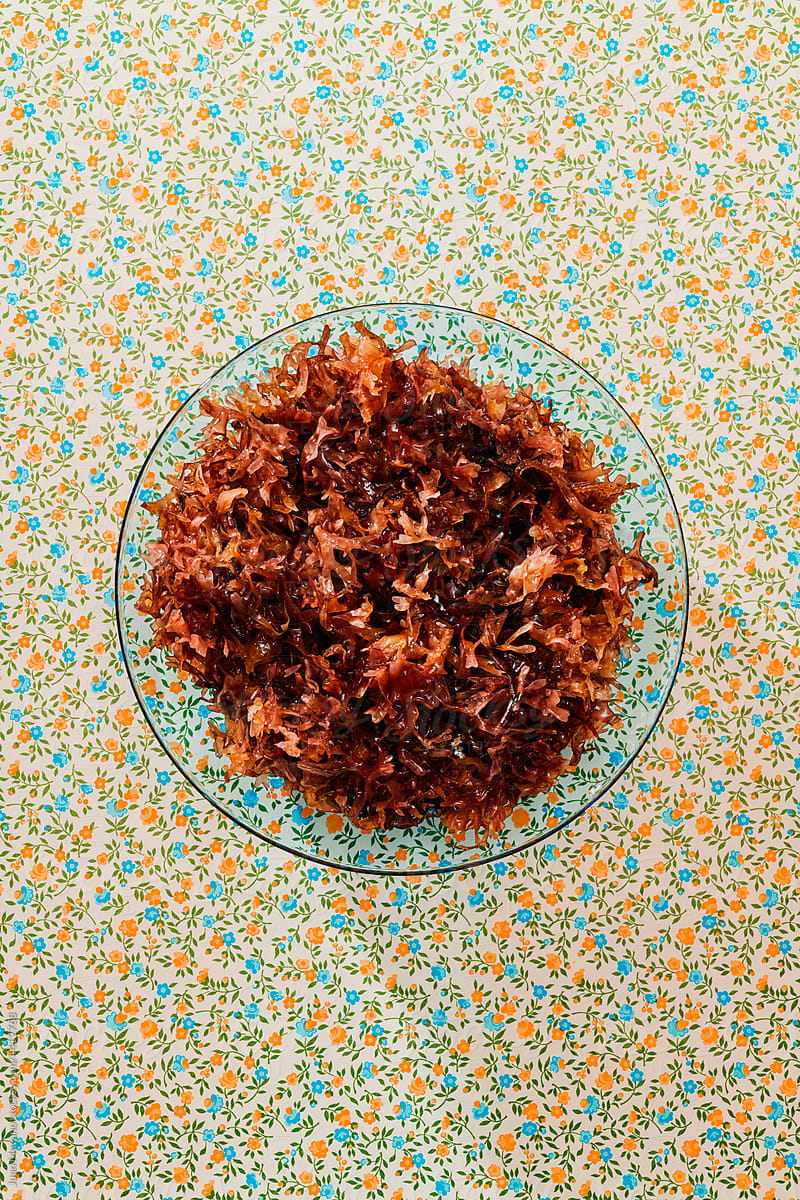 cooked irish moss in a blue glass plate