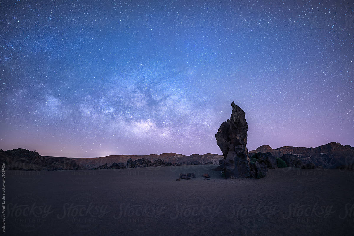 Rock formation in teide national park under the milky way