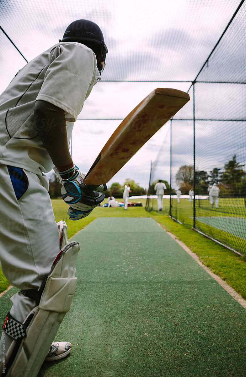 View from behind a cricket batsman during batting practice