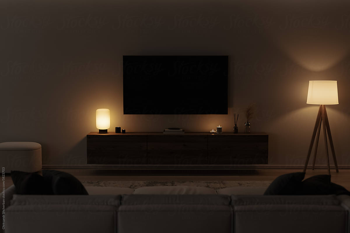 TV screen in modern interior with sofa in darkness, 3d render
