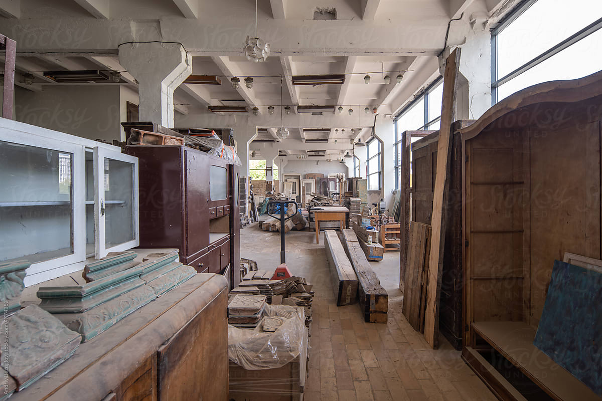 Huge full of old wood furniture retro vintage workshop with no people