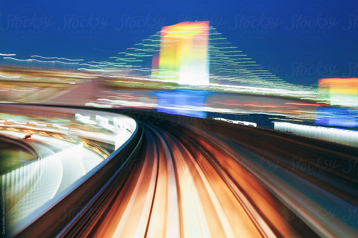 Asia, Japan, Honshu, Tokyo, POV blurred motion of the Rainbow Bridge from a moving train