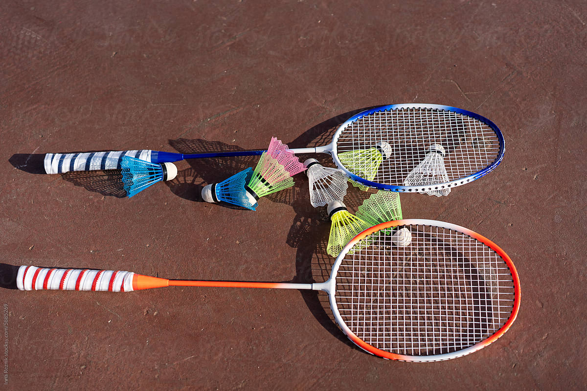 Badminton Equipment On Court.