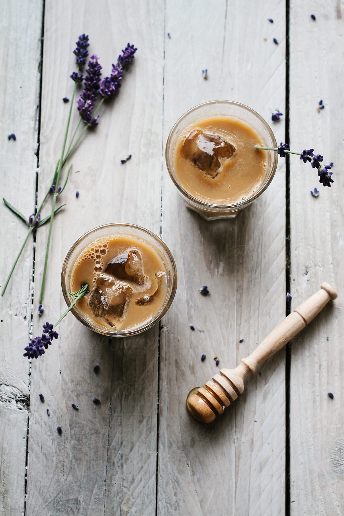 Iced cafe latte with lavender honey syrup.