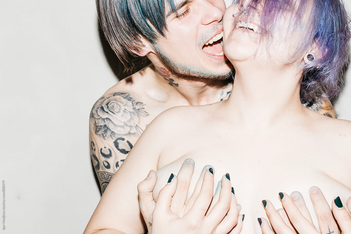 laughter, happy tattooed couple in love