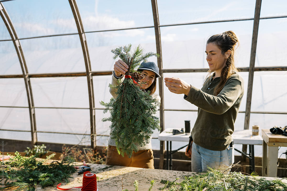 women working at a farm in a greenhouse during holiday season
