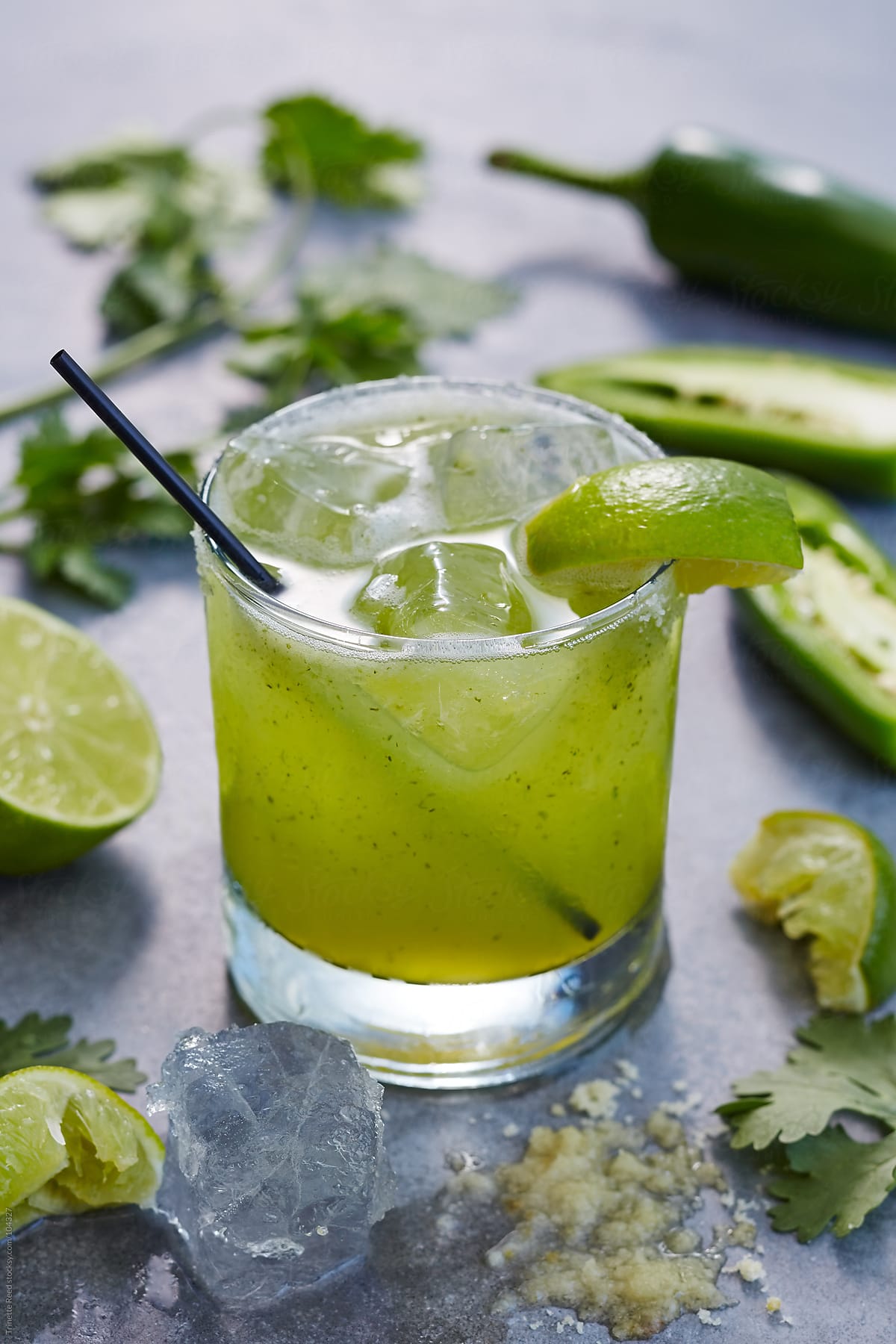 Gourmet cocktail margarita with lime, jalapeno, salt and cilantro
