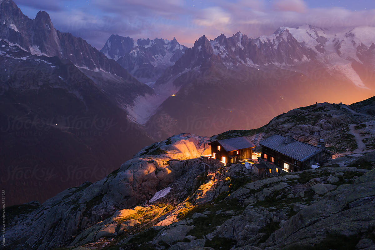 Refuge at Lac Blanc with Mont Blanc massif at dusk